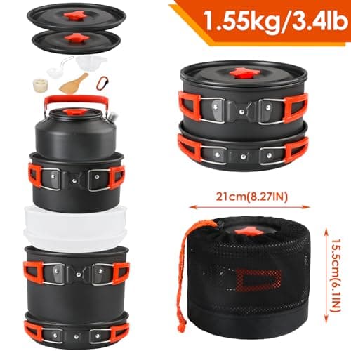 Gutsdoor Camping Cookware Set Camping Cooking Set Non Stick Family Backpacking Cooking Set Lightweight Stackable Pot Pan Bowls with Storage Bag for Outdoor Hiking (16pcs (Orange)) — view 2