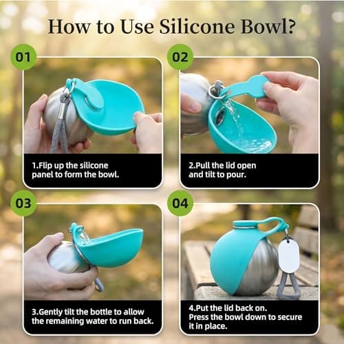 Portable Dog Water Bottle, 2-in-1 Stainless Steel Dog Water Bottle with Foldable Silicone Bowl, Leak Proof Pet Water Dispenser for Walking, Hiking, Travel & Small Dogs, 285ml, Blue — view 6