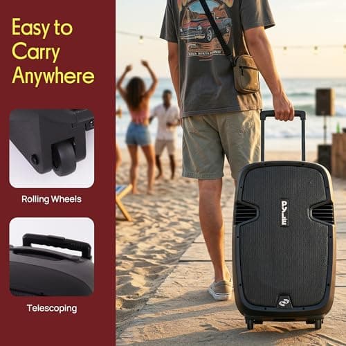 Pyle Portable PA System, Powerful Bluetooth Speaker with 2 Wireless Mics, 1600W, Trolley Handle & Wheels, Long Battery Life, Enhanced Audio for Karaoke, DJs, Events & Public Speaking — view 5