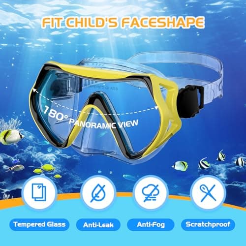MELUMILU Kids Snorkel Set, Dry Snorkel Set 180° Panoramic Wide View Anti-Fog Scuba Diving Mask, for Kids Youth Boys Girls Junior Age 5-15 (Clear Yellow) — view 3