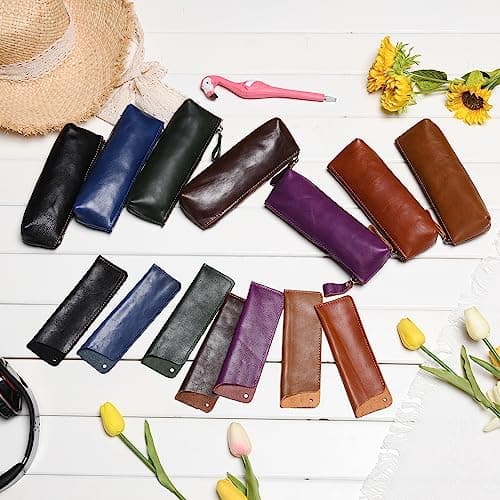 WONDERPOOL Leather 1pc Pencil Case & 1pc Fountain Pen Holder - Portable Compact Drawing Marker Pen Stationery Pouches for School Office Travel Organizer (Light Brown) — view 4
