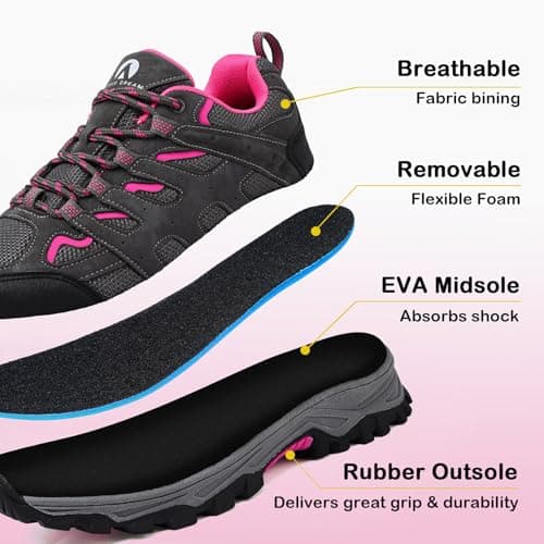 Unitysow Hiking Boots Men’s Women’s Walking Shoes Trainers Low Rise Trekking Climbing Shoes Outdoor Backpacking Camping Sneaker,Rose Red,6 UK — view 3