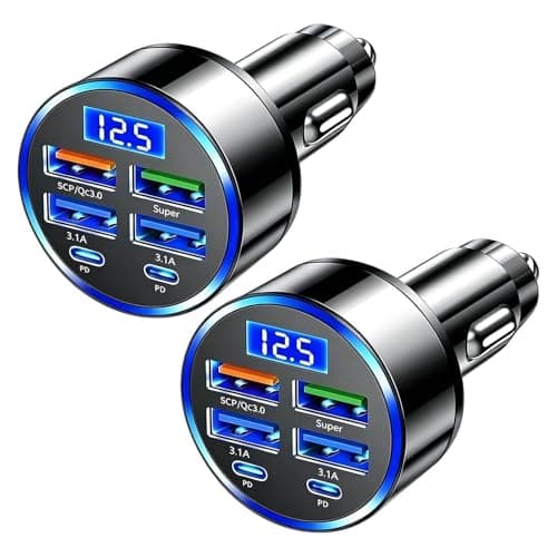 2PCS 6-Port USB C Car Charger 66W Super Fast Charging,Car Charger Fast Charge Socket Adapter with LED Voltmeter Compatible with iPhone, Samsung, iPad & More