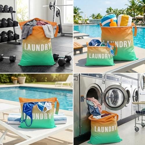 2 Pcs Travel Laundry Bags (Large 55x45cm & Small 40x31cm) - Waterproof Washing Bags for Laundry with Double Zippers, Dirty Clothes Bags with Handle for Travel, Gym, Camping (Orange-Green Gradient) — view 6