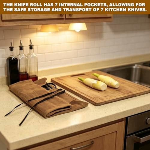 LINISITING Waxed Canvas Knife Roll Bag, 7 Slots Knife Roll Bag, Portable Waterproof Cutlery Tool Storage Case, Drawstring Design Handbag for Camping Hiking Kitchen Chef Tools Organizer — view 5