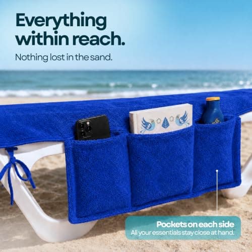 ITSA Terry Towelling Beach Towel with Pockets & Handles | 100% Cotton Foldable Sun Lounger Cover | Carry Bag | Secure Storage Beach Towel (Ocean Blue) — view 3