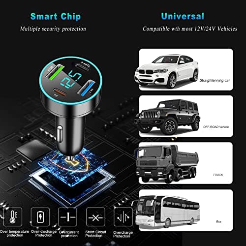 GemCoo 4 Port USB Car Charger Adapter 65W PD & Type-C & QC3.0 Cigarette Lighter USB Charger with LED Voltmeter Fast Charger Compatible with iPhone, Android, Samsung, iPad Pro — view 4