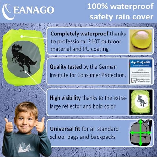 EANAGO 100% waterproof kids backpack rain cover - highly reflective school bag protector for school kids - lightweight & durable - giant reflector to increase safety — view 5