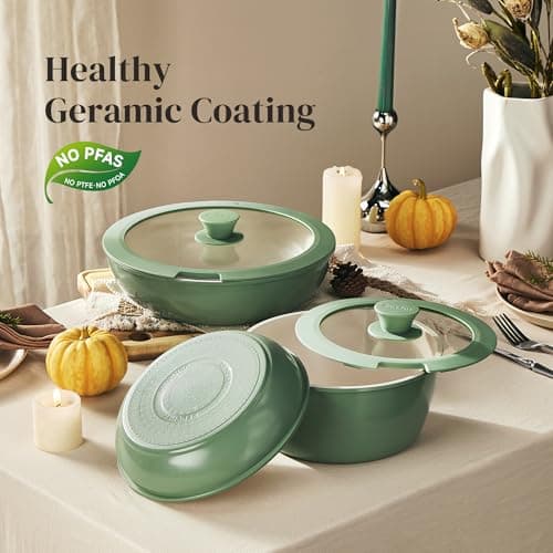 Redchef 16pcs Ceramic Pots and Pans Set Non Stick, Nonstick Cookware Set with Detachable Handle, PFAS PFOA & PTFE Free, RV Ceramic Cookware Set for Camping, Oven Safe (Green) — view 5