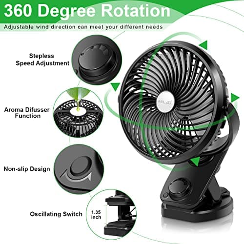 ELZO Clip on Fan, 5000mAh Mini USB Desk Auto Oscillating Small Fan, 360° Rotation Rechargeable Stepless Speed, Super Quiet Portable Fan for Office Stroller Car Camping Travel, Black — view 3