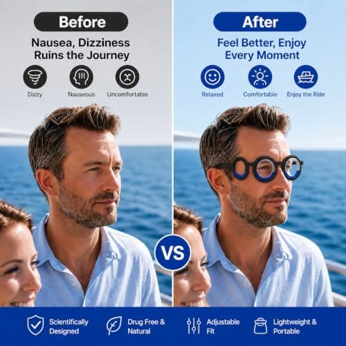PCIQUTE Motion Sickness Glasses for Adults - 2 Pack Black Anti Nausea Travel Glasses with 2 Pairs Sickness Bands (1 Black + 1 White), Foldable Seasickness Car Sickness Relief for Travel, Plane, Boat — view 5