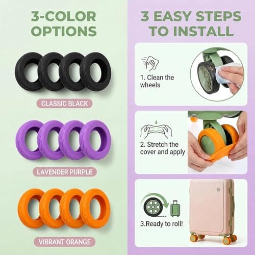 12Pcs Silicone Suitcase Wheel Protectors, Anti-Noise Wear-Resistant Luggage Wheel Covers, Non-Slip Spinner Suitcase Wheel Covers Fits 2.0-2.5" Wheels, Travel Carry-On Accessories(Black/Purple/Orange) — view 3