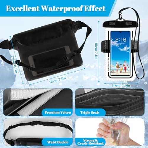2 Pack Waterproof Phone Pouch, Black Waist Dry Bag with Belt for Swimming — view 2