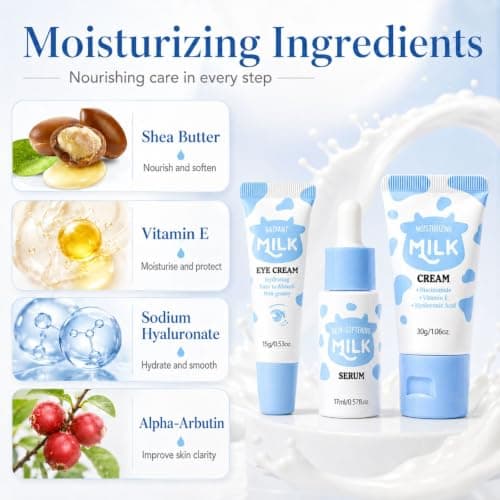 Milk Skincare Set, 3pcs Travel Essentials With Serum, Eye Cream And Moisturiser, Travel Friendly Gift For Her, Women’s Birthday Presents, Teen Girl Daily Routine Pouch, Hydrate and Nourish — view 2