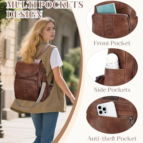 VASCHY Backpack for Women, Fashion Cute Vegan Leather Flap Backpack Convertible Handbag for Ladies with Guitar Strap Brown — view 5