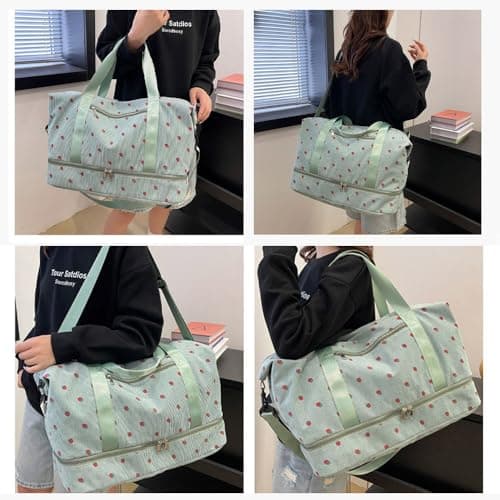 Strawberry Duffel Bag for Girls,Corduroy Gym Bag with Shoe Compartment & Wet Pocket,Cute Travel Bag Weekend Bag Dance Bag for Kids (Green) — view 3