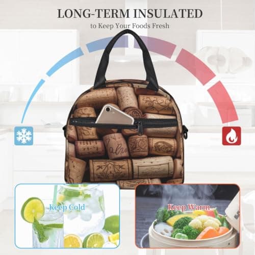 MKNAZ Wine Cork Printed Insulated Lunch Bag, Reusable Cooler Tote Lightweight Waterproof Lunch Tote Bag for Work, School, Travel & Outdoor Activities — view 6