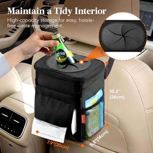 Lifewit Car Bin with Lid, Hanging Trash Bag with Tissue Holder, Black — view 2