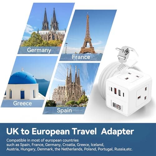 UK to European Plug Adapter,3 Way UK to EU Plug Adaptor with 4 USB — view 3