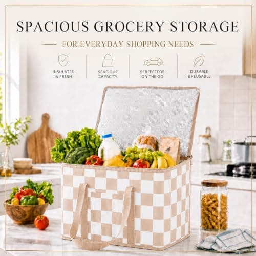 Ohocut Checkered Cooler Bag, Large 40L Foldable Insulated Grocery Shopping Bag, Checkerboard Cool Insulated Food Delivery Bag for Picnic, Camping, Travel (Beige) — view 2