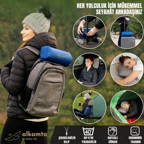 alkamto Travel Pillow - Ergonomic Neck Support Camping Memory Foam Pillow with Temperature-Regulating Pillowcase - Included Waterproof Travel Carry Bag (grey 40x25x10 cm) — view 2