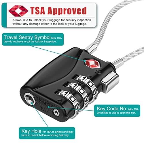 ZHEGE Suitcase Locks TSA Approved, Cable Travel Lock (Black, 4P) — view 2