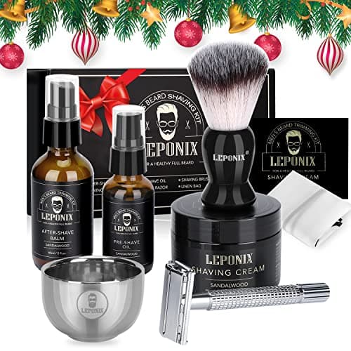 Shaving Kit for Men, Includes Sandalwood Shaving Cream, Mens After Shave Balm, Pre-Shave Oil,Shaving Brush and Bowl, Beard Bib, Aftershave Gift Set for Men Boyfriend Stocking Fillers — view 2