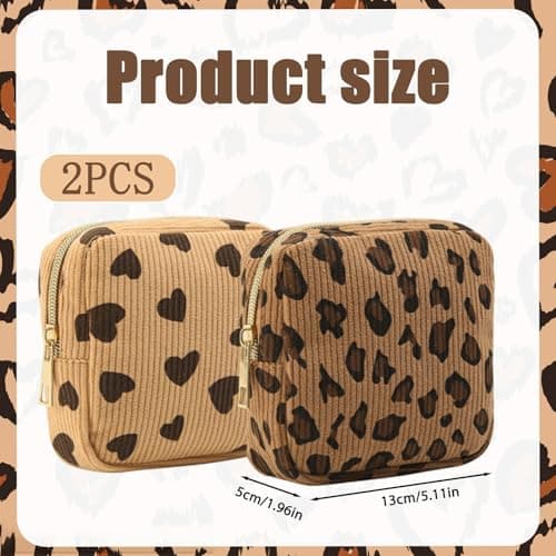 2PCS Sanitary Pad Storage Bag, Leopard Print and Hearts Design Small Storage Bag, Cute Sanitary Bags Sanitary Towel Holder for Teenage Girls School Travel Organization and Women — view 2