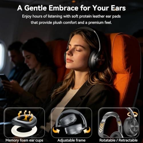 Monodeal Hybrid Active Noise Cancelling Headphones with 5 ENC Mic,Headphones Wireless 200H Playtime,Bluetooth Headphones 6.0 for Travel Workout,black — view 2