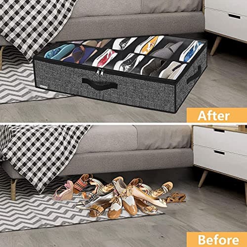 Onlyeasy Sturdy Under Bed Shoe Storage Organizer, Set of 2, Fits Total 24 Pairs, Underbed Shoes Closet Storage Solution with Clear Window, Breathable, 29.3"x23.6"x5.9", Linen-like Black, MXAUBSB2P — view 3