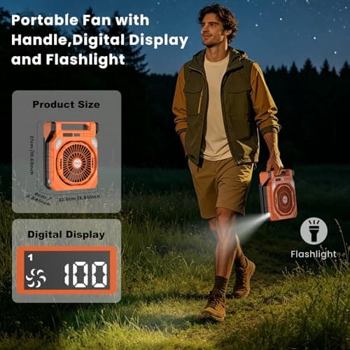Astarama Solar Camping Fan with 2 Solar Panels,20000mAh Rechargeable Battery,LED Light,Shaking Head,Digital Display,Flashlight,Timer,4 Speeds. Portable Fan for Travel Outdoor Camping Gadgets (Orange) — view 6