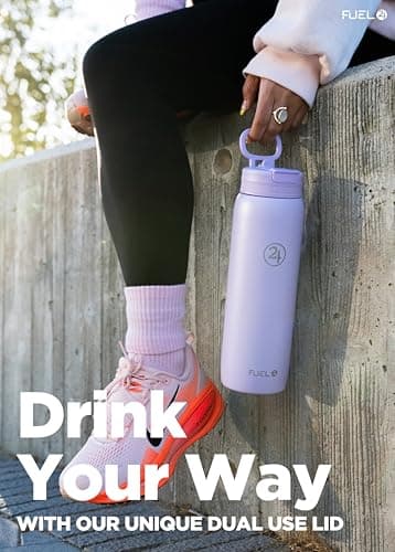 Fuel24 Duo - Stainless Steel Water Bottle 700ml or 1L - Vacuum Insulated Metal Flask with Straw (Dual use Lid) 1 Litre - for Sports, Gym, Work – Slim Design (Lavender, 700 ml) — view 5