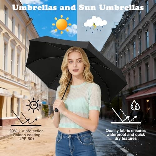 Black Mini Folding Umbrella, UPF50+ UV Sun & Rain Umbrella, 6 Rib Windproof Compact Travel Umbrella with Storage Case, Sturdy, Lightweight, Portable Pocket Umbrella for Men and Women Daily & Outdoor — view 2