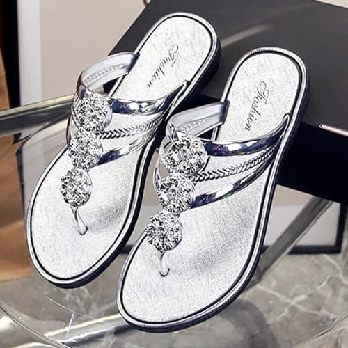BFYSFBAIG Women's Sparkly Flip Flops with Diamante, Glitter Sandals for Women, Flat Thong Slide Mules for Summer Beach Pool Travel (Silver, Adult, Women, 6, Numeric, UK Footwear Size System, Medium) — view 3