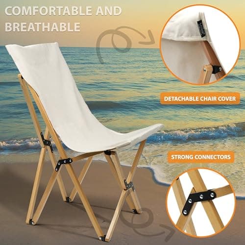 Crystals Folding Butterfly Chair, Beech Wood & Canvas, Beige, Outdoor, Garden, Patio, Foldable, Rustic, Recliner, 150Kg Capacity — view 5