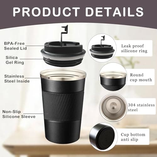 Senshuomy Travel Mug, Insulated Coffee Cup with Leakproof Lid (Black 380ml) — view 3
