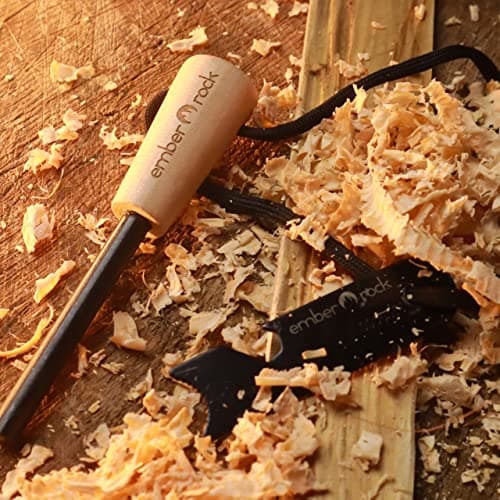Ember Rock Fire Stone - Premium Ferrocerium Magnesium Fire Starter Stick - Includes Scraper Tool Multi-Use Wooden Handle for Firm Grip - Essential Fire Starter for Survival Camping Kit — view 3