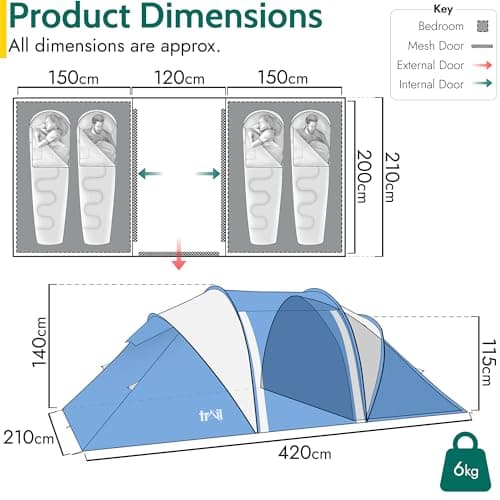 Trail Hartland 4 Man 2 Room Tent With Living Area and Awning, 3000mm Waterproof Rating, Tunnel Tent with Dark Zone Bedroom Technology, Family Camping, Bag Included (420cm x 210cm x 140/115cm) — view 6