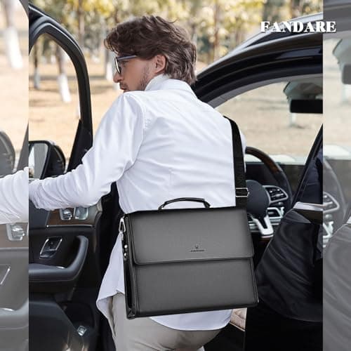 FANDARE Laptop Briefcase Men Notebook Case PU Leather Document Case Cross-Body Shoulder Messenger Bag 12.9 inch Laptop Handbag Work Travel Business School Professional Waterproof Bag Black — view 2