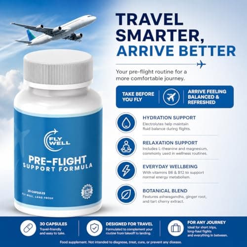 FlyWell Pre-Flight Support Capsules — Travel Supplement with Ashwagandha, Electrolytes, Magnesium, & L-Theanine | Jet Lag, Hydration & Calm Support | GMP Certified | 30 Capsules — view 5