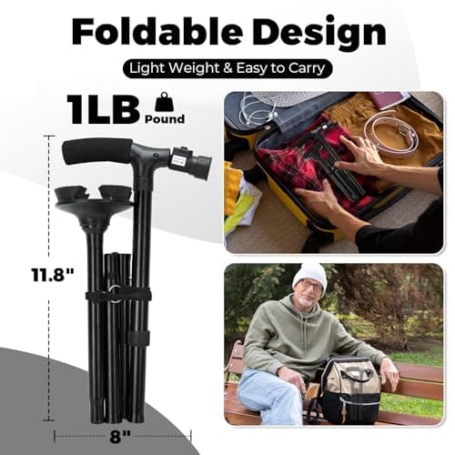 Walking Stick with LED Light, Ohuhu Folding Walking Sticks for Women & Men, Walking Cane with Strap and Carrying Bag, Adjustable Height Lightweight Portable, for Seniors — view 6