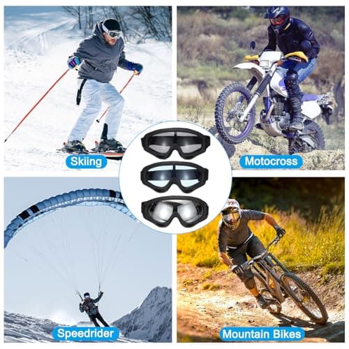 Patikil Dirt Bike Goggles, 3 Pcs Motorcycle & ATV Goggles, Windproof for Sky Diving & Ski Riding, Black with Grey/Silver/Blue Lenses — view 6