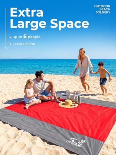 Solnery Large Beach Blanket Waterproof Sandproof, Beach Mats Sand Free, Windproof Outdoor Mat, Portable, 4 Stakes, 250 x 200 cm, Fits 1–8 People, for Seaside, Picnic & Camping (Coral Red) — view 2