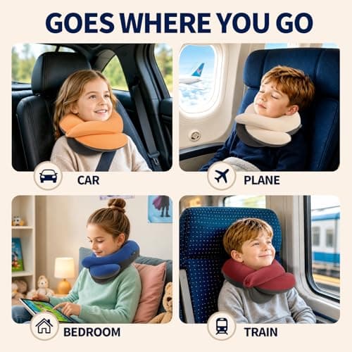 BUYUE Kids Travel Pillows for Airplane, 360° Head Support Sleeping Essentials for Boys Long Flight, Skin-Friendly Soft Neck Pillow for Traveling in Car Seat, (Small, Red-grey, 40-90 lbs) — view 6