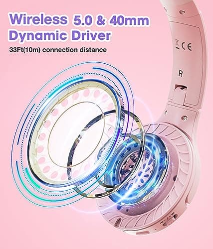 KONNAO Kids Headphones Wireless 60H, Foldable On Ear Headphone with MIC, Volume Limiter 85dB/94dB Wireless & Wired Headphones, Over-Ear Headphone for Kid Adult School Online Class Travel, Pink — view 3
