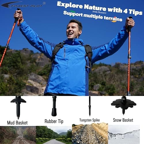FOREST PILOT Trekking Poles - Lightweight 7075 Aluminum with Flip Lock & All Terrain Accessories - Pair of 2 Walking Sticks for Hiking with EVA or Beech Wood Grip (EVA Grip- Orange) — view 5