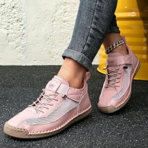 Women's Hiking Shoes Lightweight Breathable Mesh Trail Trainers with Leather Trim Wide Toe Box Slip On Low Top Walking Footwear for Summer Travel Trekking Work Outdoor Day Hikes (Yellow,9) — view 5