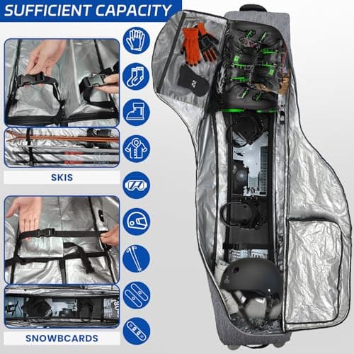 TurnWay Padded Ski Bag with Wheels for Air Travel, Double Rolling Snowboard Bag Heavy Duty Waterproof for Storage & Transportation of Snowboard/Ski Gear (Gray) — view 2