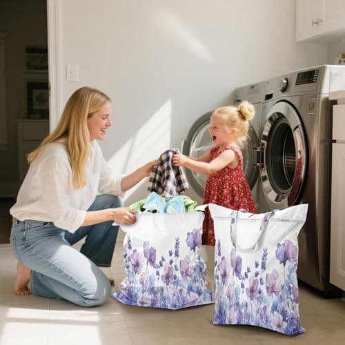 Ewusp Lavender Flower Laundry Bags with Zipper Pocket & Handles 2 PCS Travel Wet Dry Bags Waterproof & Washable Dirty Clothes Organiser for Home Dorm Camping — view 5