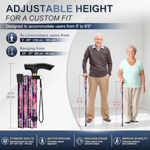 supregear Walking Stick - Adjustable Folding Walking Sticks for Women and Men - Lightweight Portable Collapsible Balancing Aid - Foldable Travel Cane for Ladies Elderly Adults, Purple Floral — view 2
